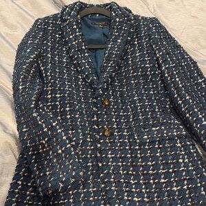 Ann Taylor Blue Tweed Blazer with White Details